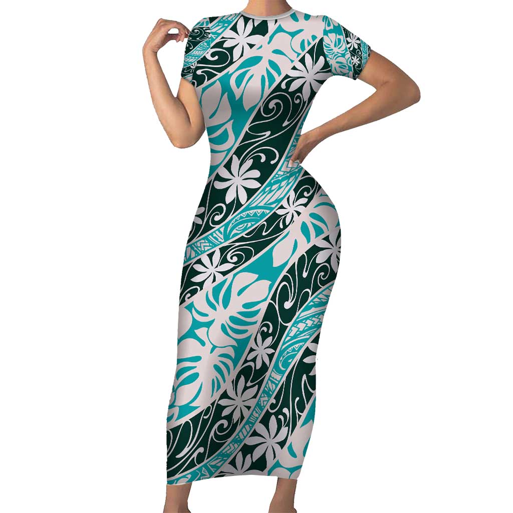 Cyan Tahiti Tiare Monstera Family Matching Short Sleeve Bodycon Dress and Hawaiian Shirt Polynesian Pattern Curve Style - Polynesian Pride
