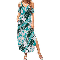 Cyan Tahiti Tiare Monstera Family Matching Summer Maxi Dress and Hawaiian Shirt Polynesian Pattern Curve Style - Polynesian Pride