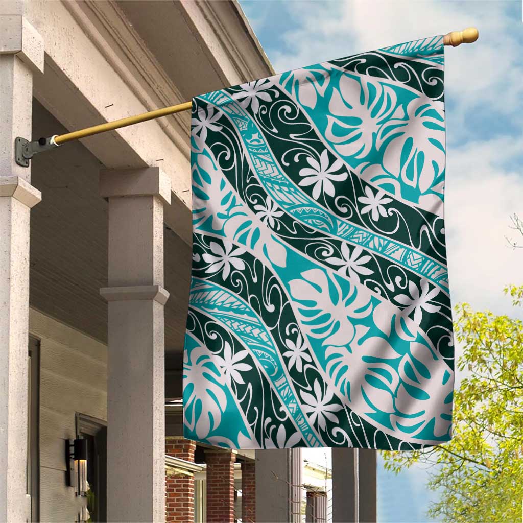 Cyan Tahiti Tiare Monstera Garden Flag Polynesian Pattern Curve Style - Polynesian Pride