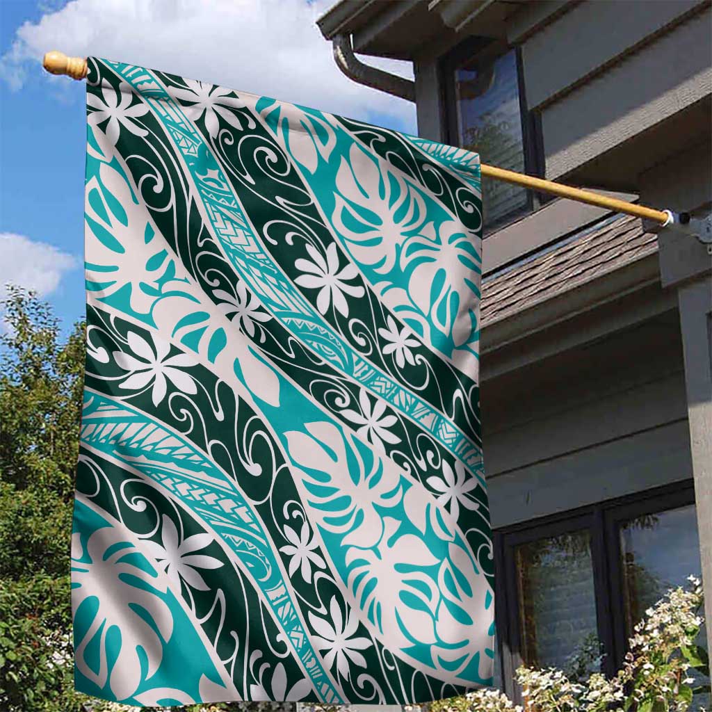 Cyan Tahiti Tiare Monstera Garden Flag Polynesian Pattern Curve Style - Polynesian Pride
