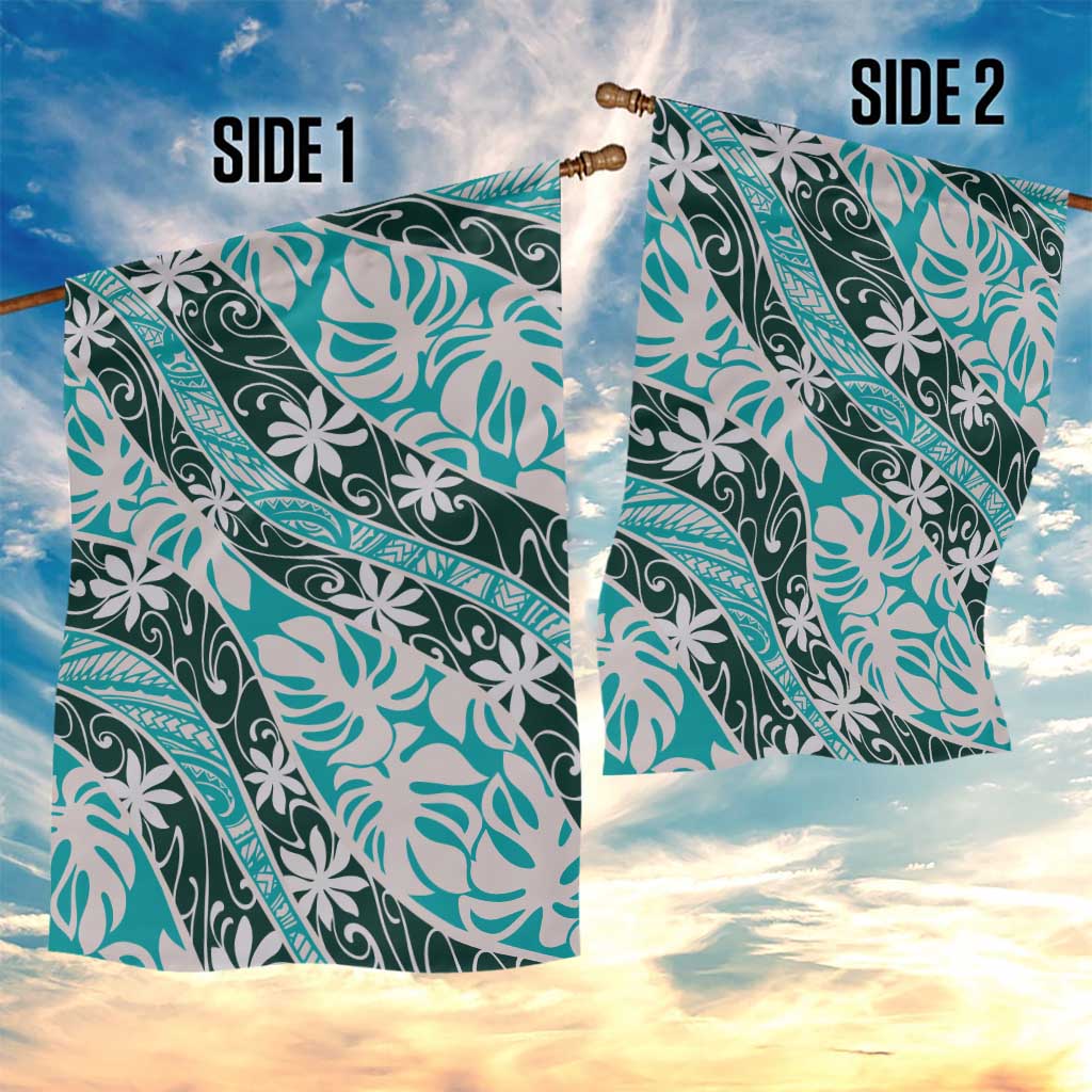 Cyan Tahiti Tiare Monstera Garden Flag Polynesian Pattern Curve Style - Polynesian Pride