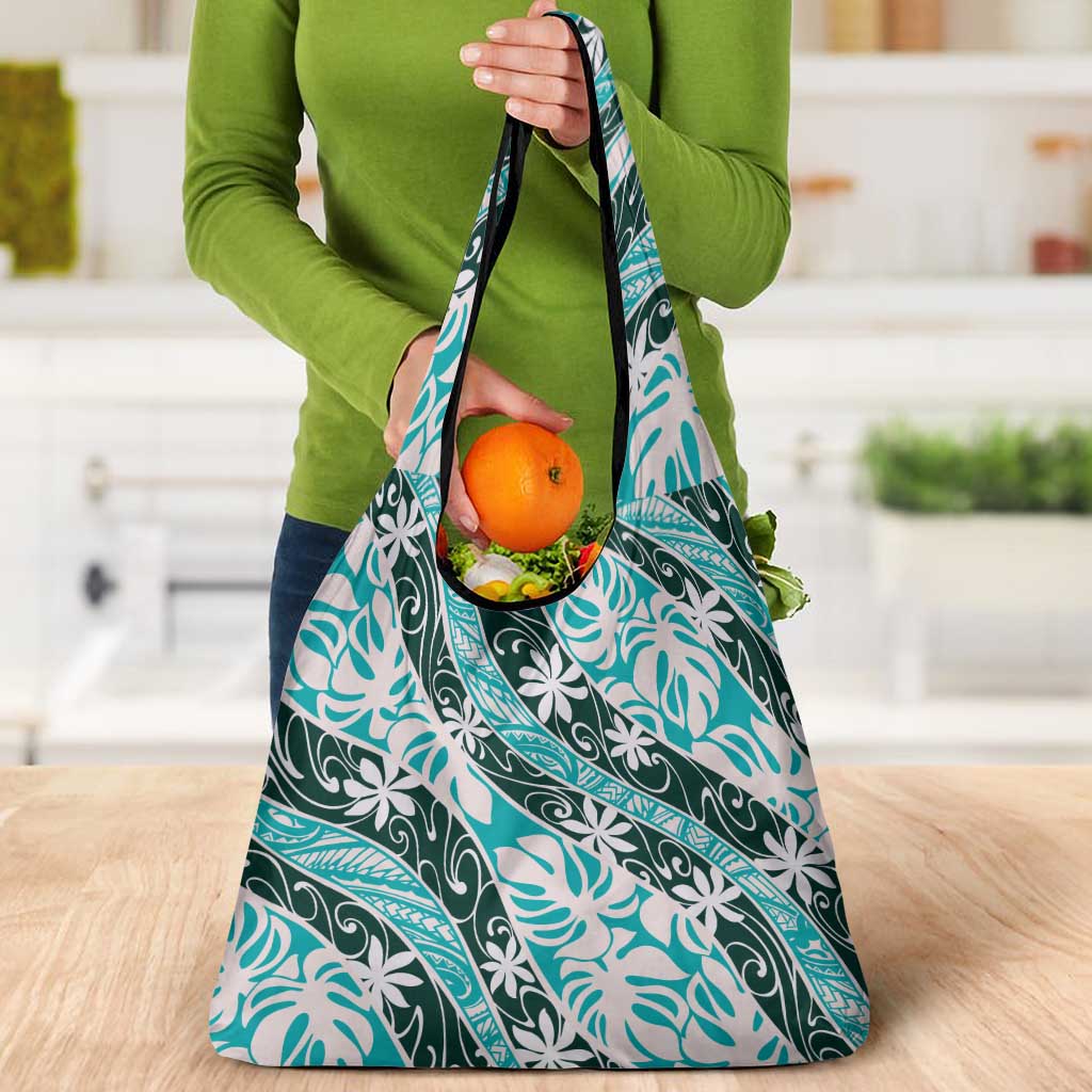 Cyan Tahiti Tiare Monstera Grocery Bag Polynesian Pattern Curve Style - Polynesian Pride