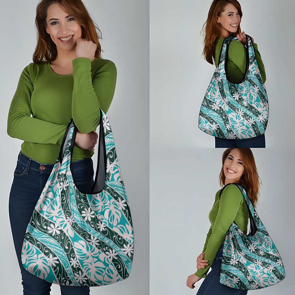 Cyan Tahiti Tiare Monstera Grocery Bag Polynesian Pattern Curve Style - Polynesian Pride