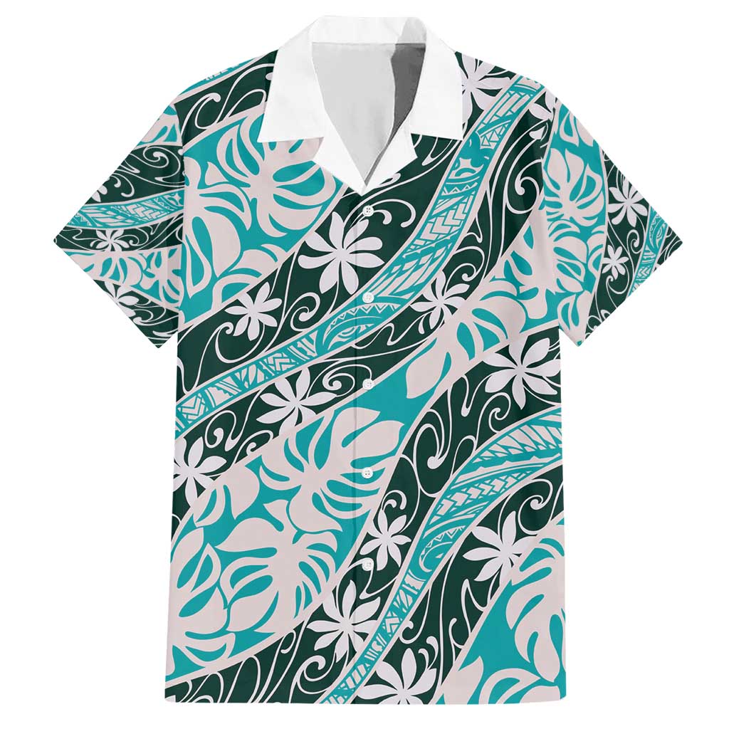Cyan Tahiti Tiare Monstera Hawaiian Shirt Polynesian Pattern Curve Style - Polynesian Pride