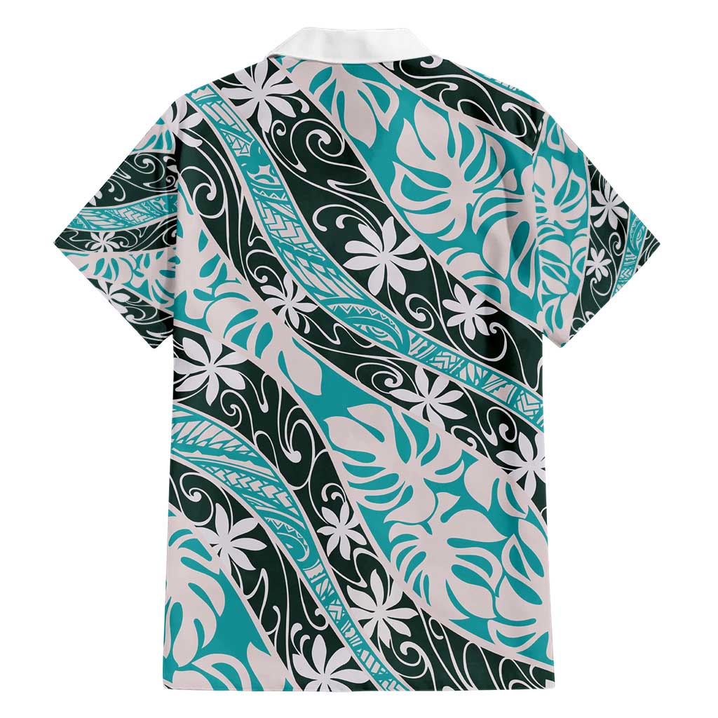 Cyan Tahiti Tiare Monstera Hawaiian Shirt Polynesian Pattern Curve Style - Polynesian Pride