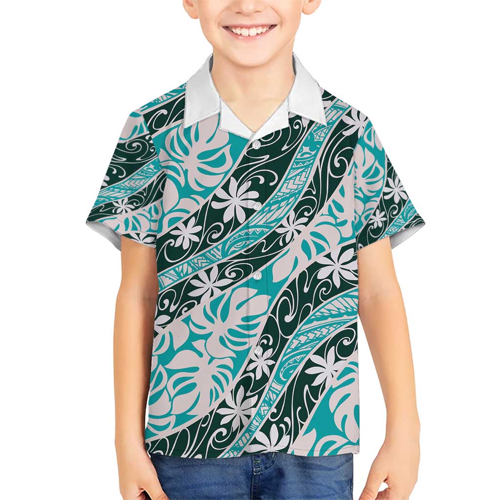 Cyan Tahiti Tiare Monstera Hawaiian Shirt Polynesian Pattern Curve Style - Polynesian Pride