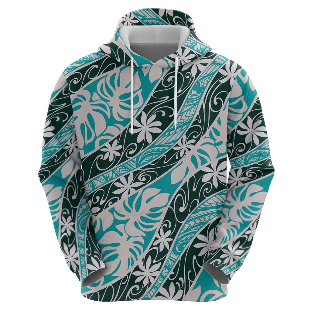 Cyan Tahiti Tiare Monstera Hoodie Polynesian Pattern Curve Style - Polynesian Pride