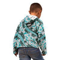 Cyan Tahiti Tiare Monstera Kid Hoodie Polynesian Pattern Curve Style - Polynesian Pride
