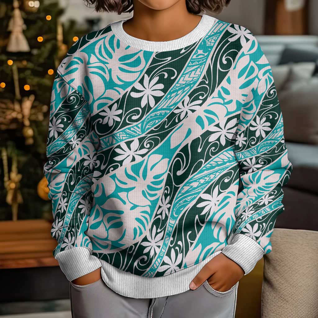 Cyan Tahiti Tiare Monstera Kid Ugly Christmas Sweater Polynesian Pattern Curve Style - Polynesian Pride