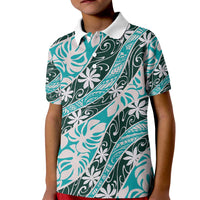 Cyan Tahiti Tiare Monstera Kid Polo Shirt Polynesian Pattern Curve Style - Polynesian Pride