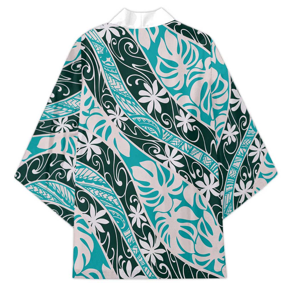 Cyan Tahiti Tiare Monstera Kimono Polynesian Pattern Curve Style - Polynesian Pride
