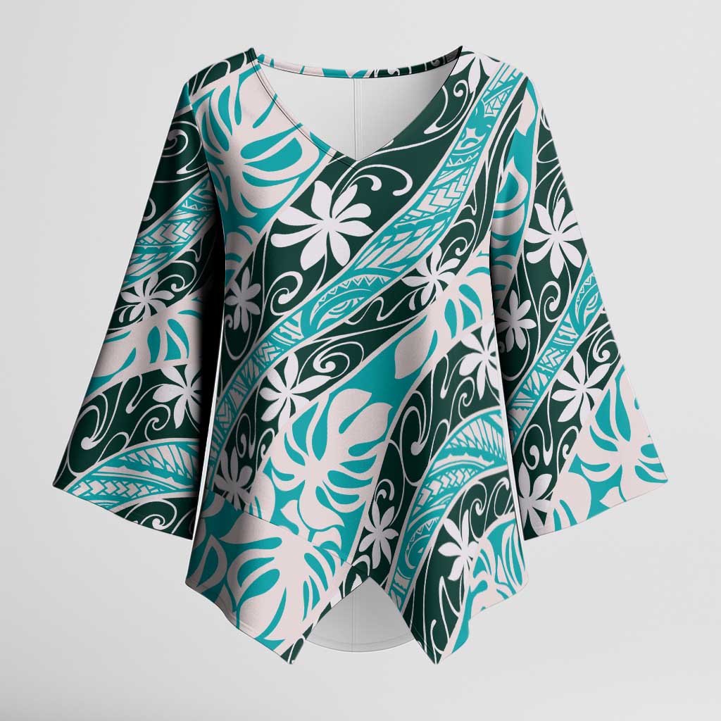 Cyan Tahiti Tiare Monstera Kimono Sleeve Blouse Polynesian Pattern Curve Style - Polynesian Pride
