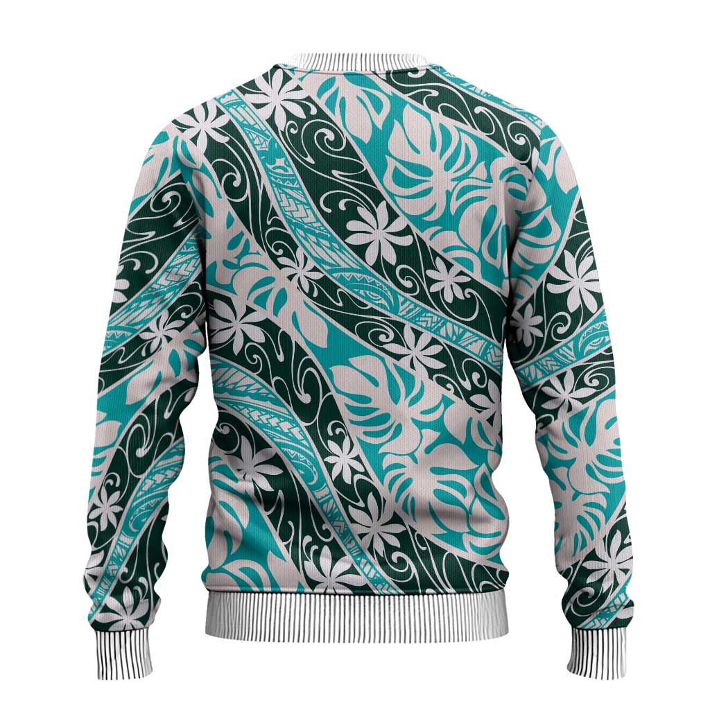 Cyan Tahiti Tiare Monstera Ugly Christmas Sweater Polynesian Pattern Curve Style - Polynesian Pride