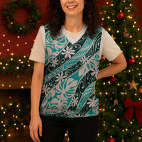 Cyan Tahiti Tiare Monstera Christmas Knitted V-Neck Vest Polynesian Pattern Curve Style - Polynesian Pride