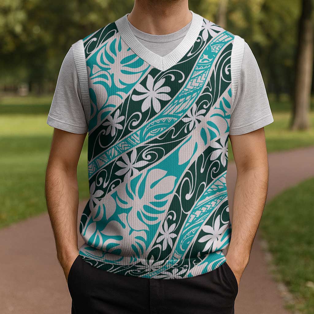 Cyan Tahiti Tiare Monstera Christmas Knitted V-Neck Vest Polynesian Pattern Curve Style - Polynesian Pride