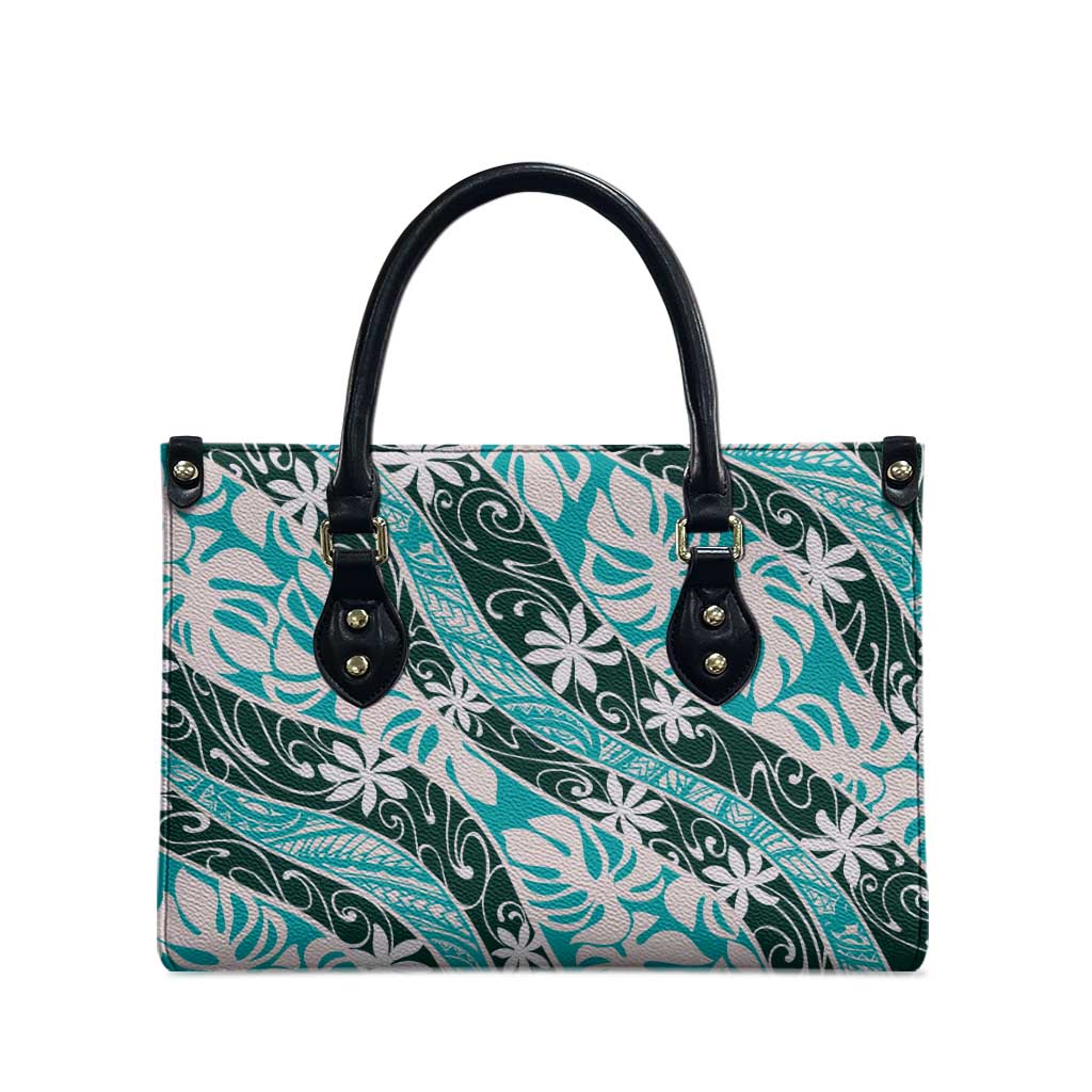 Cyan Tahiti Tiare Monstera Leather Bag Polynesian Pattern Curve Style - Polynesian Pride