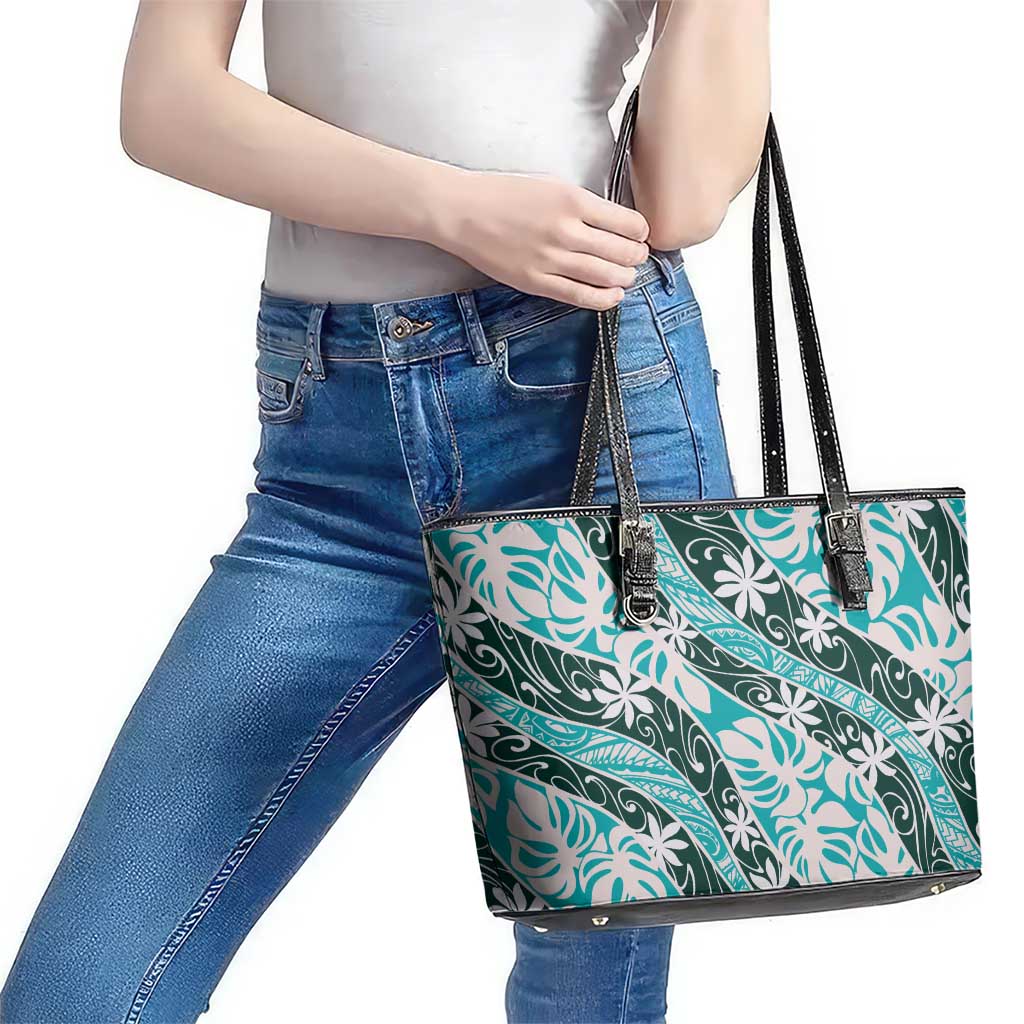 Cyan Tahiti Tiare Monstera Leather Tote Bag Polynesian Pattern Curve Style - Polynesian Pride
