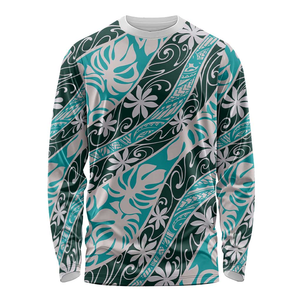 Cyan Tahiti Tiare Monstera Long Sleeve Shirt Polynesian Pattern Curve Style - Polynesian Pride