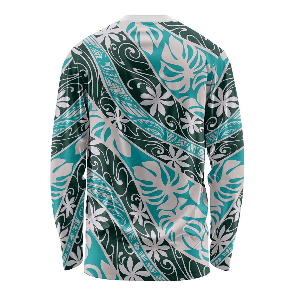 Cyan Tahiti Tiare Monstera Long Sleeve Shirt Polynesian Pattern Curve Style - Polynesian Pride