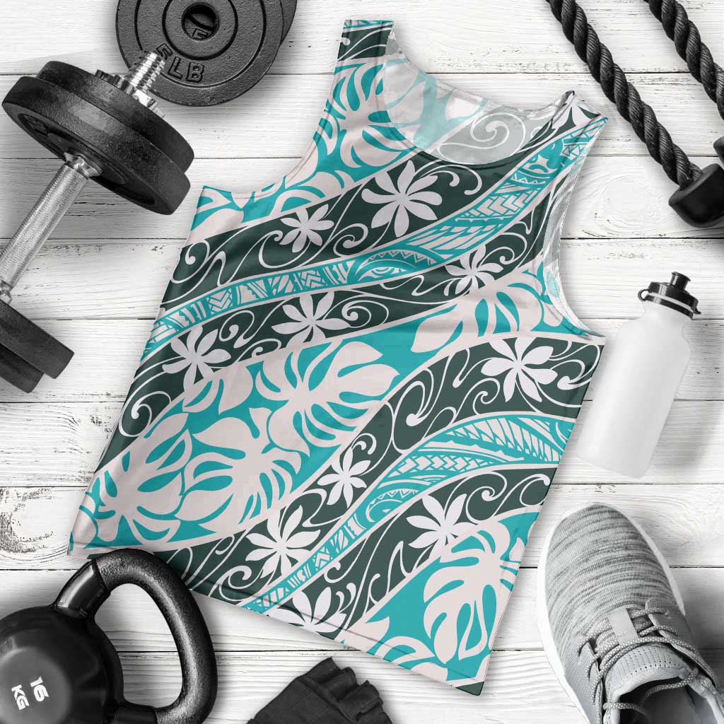 Cyan Tahiti Tiare Monstera Men Tank Top Polynesian Pattern Curve Style - Polynesian Pride
