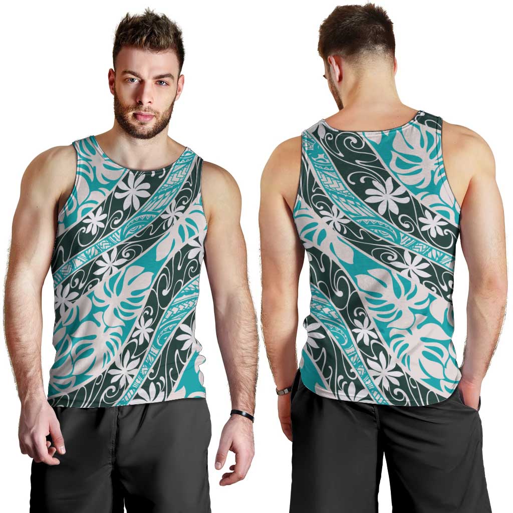Cyan Tahiti Tiare Monstera Men Tank Top Polynesian Pattern Curve Style - Polynesian Pride