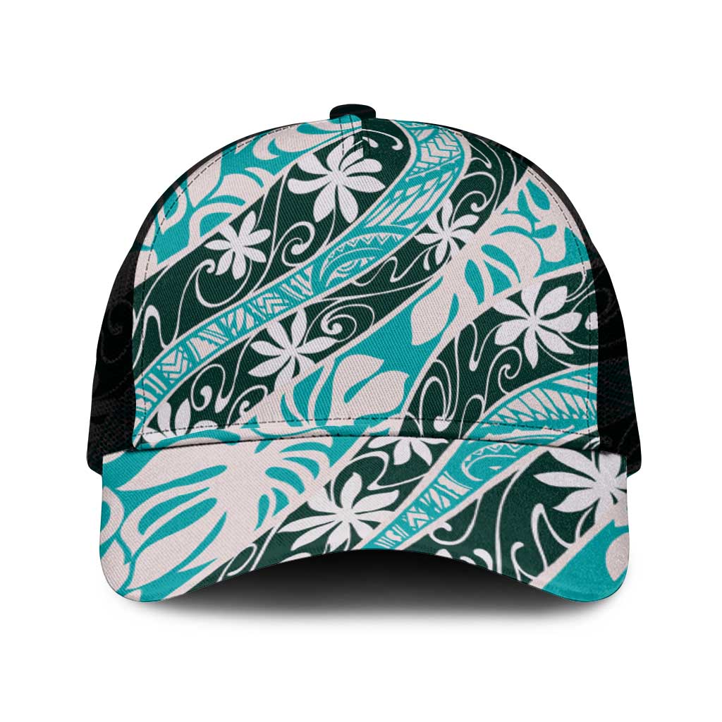 Cyan Tahiti Tiare Monstera Mesh Trucker Cap Polynesian Pattern Curve Style - Polynesian Pride