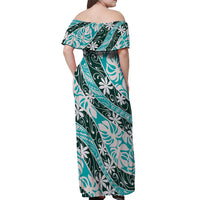 Cyan Tahiti Tiare Monstera Off Shoulder Maxi Dress Polynesian Pattern Curve Style - Polynesian Pride