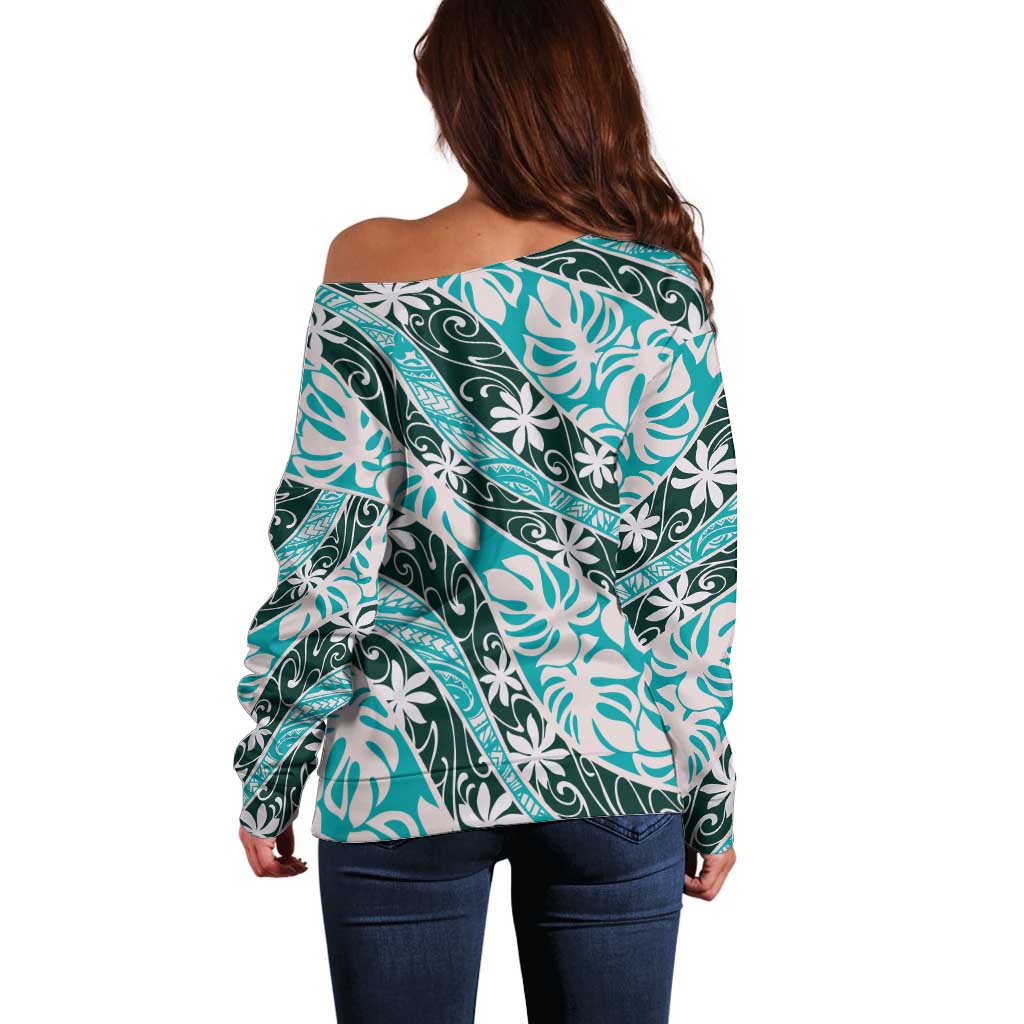 Cyan Tahiti Tiare Monstera Off Shoulder Sweater Polynesian Pattern Curve Style - Polynesian Pride
