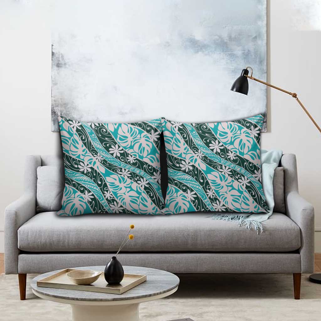 Cyan Tahiti Tiare Monstera Pillow Cover Polynesian Pattern Curve Style - Polynesian Pride