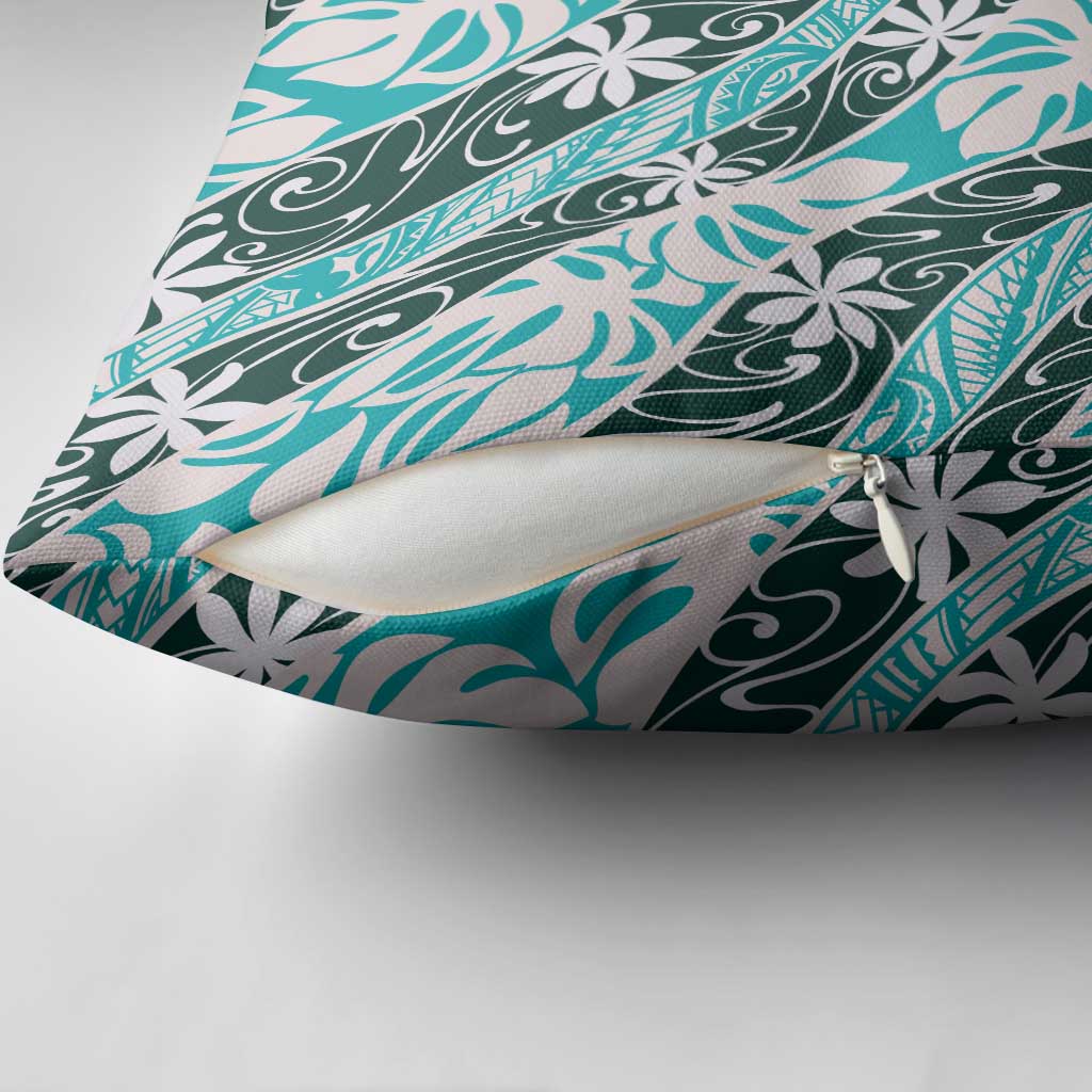 Cyan Tahiti Tiare Monstera Pillow Cover Polynesian Pattern Curve Style - Polynesian Pride