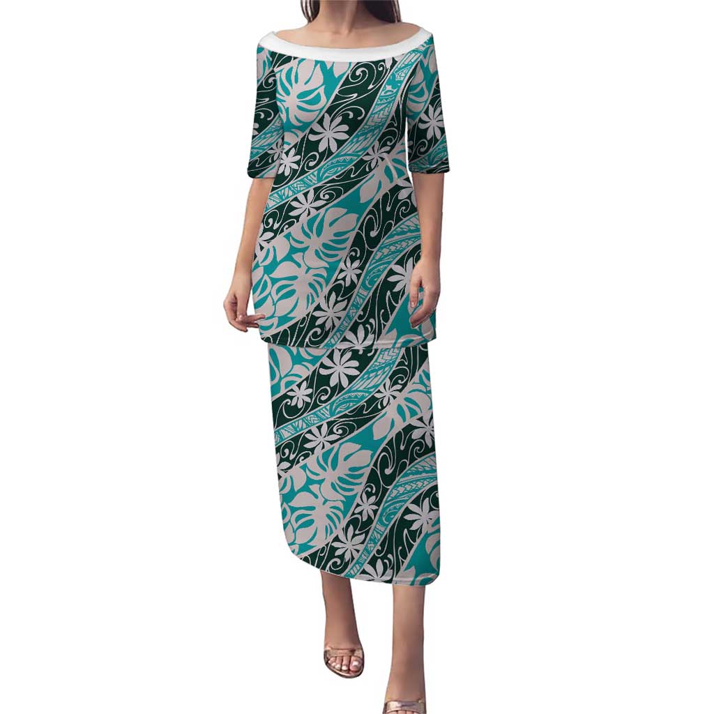 Cyan Tahiti Tiare Monstera Puletasi Polynesian Pattern Curve Style - Polynesian Pride