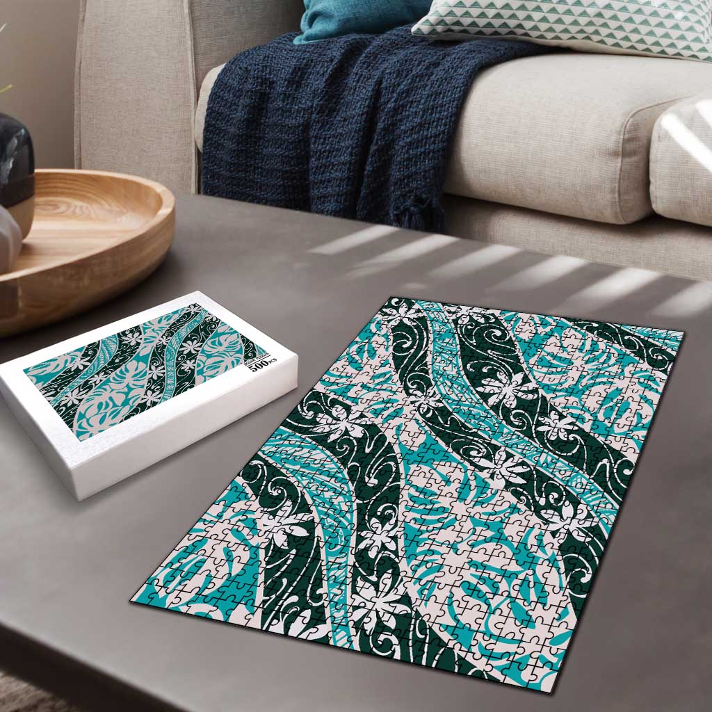Cyan Tahiti Tiare Monstera Puzzle Polynesian Pattern Curve Style - Polynesian Pride