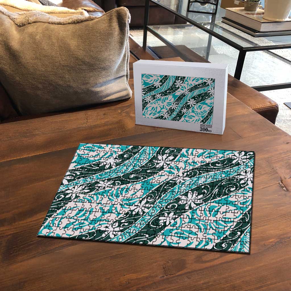 Cyan Tahiti Tiare Monstera Puzzle Polynesian Pattern Curve Style - Polynesian Pride