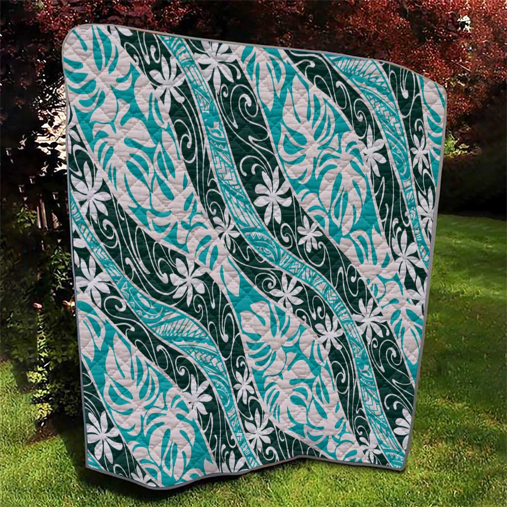 Cyan Tahiti Tiare Monstera Quilt Polynesian Pattern Curve Style - Polynesian Pride