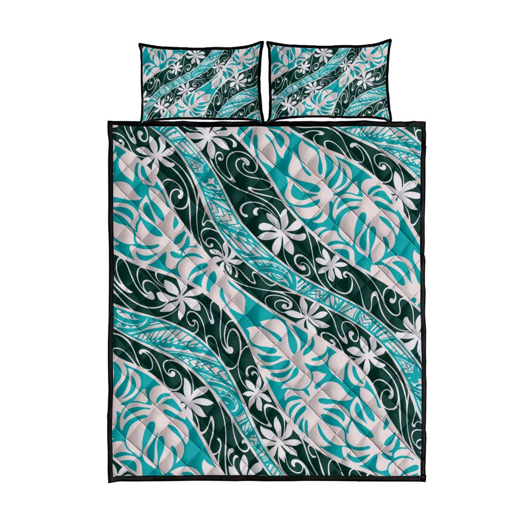 Cyan Tahiti Tiare Monstera Quilt Bed Set Polynesian Pattern Curve Style - Polynesian Pride