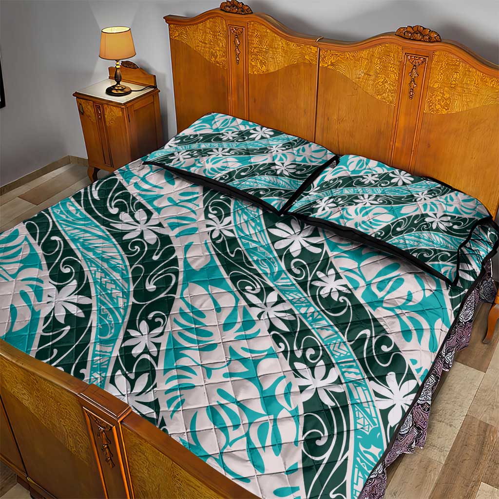 Cyan Tahiti Tiare Monstera Quilt Bed Set Polynesian Pattern Curve Style - Polynesian Pride