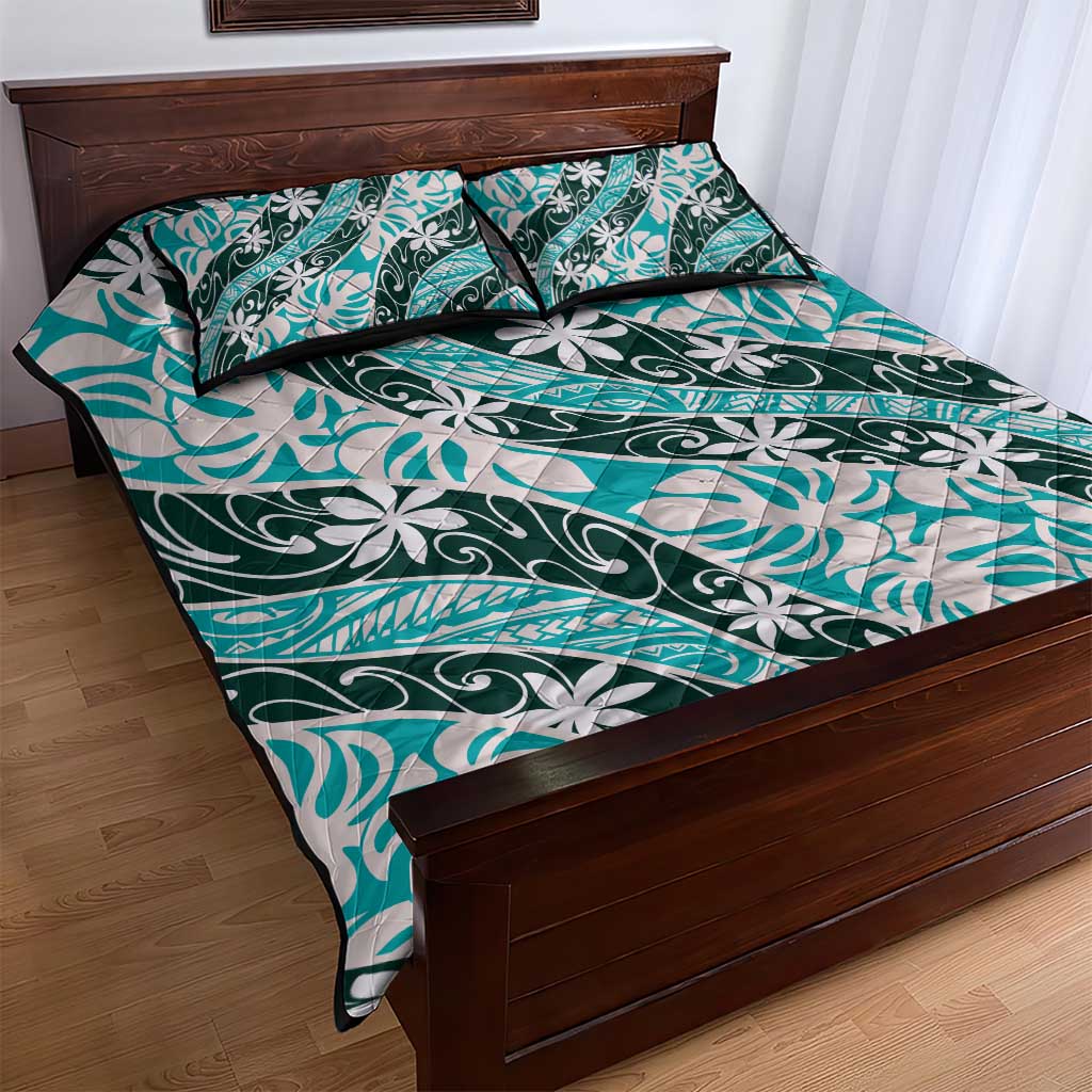 Cyan Tahiti Tiare Monstera Quilt Bed Set Polynesian Pattern Curve Style - Polynesian Pride