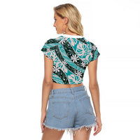 Cyan Tahiti Tiare Monstera Raglan Cropped T Shirt Polynesian Pattern Curve Style - Polynesian Pride