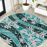 Cyan Tahiti Tiare Monstera Round Carpet Polynesian Pattern Curve Style - Polynesian Pride
