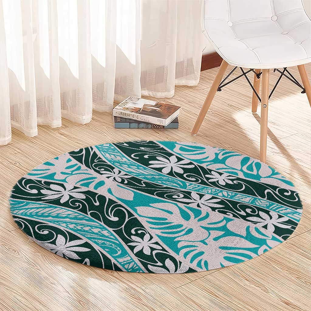 Cyan Tahiti Tiare Monstera Round Carpet Polynesian Pattern Curve Style - Polynesian Pride
