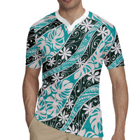 Cyan Tahiti Tiare Monstera Rugby Jersey Polynesian Pattern Curve Style - Polynesian Pride