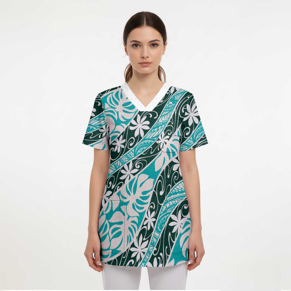 Cyan Tahiti Tiare Monstera Scrub Top Polynesian Pattern Curve Style - Polynesian Pride