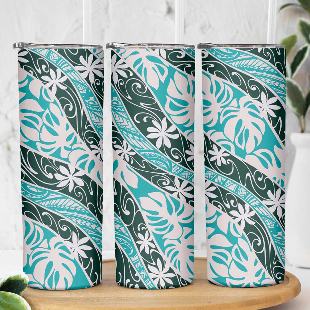 Cyan Tahiti Tiare Monstera Skinny Tumbler Polynesian Pattern Curve Style - Polynesian Pride