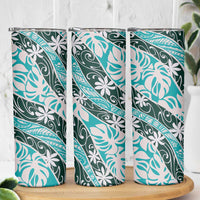 Cyan Tahiti Tiare Monstera Skinny Tumbler Polynesian Pattern Curve Style - Polynesian Pride
