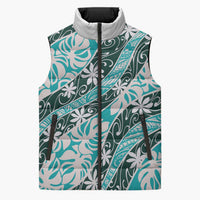 Cyan Tahiti Tiare Monstera Sleeveless Puffer Jacket Polynesian Pattern Curve Style - Polynesian Pride