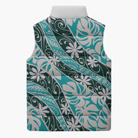 Cyan Tahiti Tiare Monstera Sleeveless Puffer Jacket Polynesian Pattern Curve Style - Polynesian Pride
