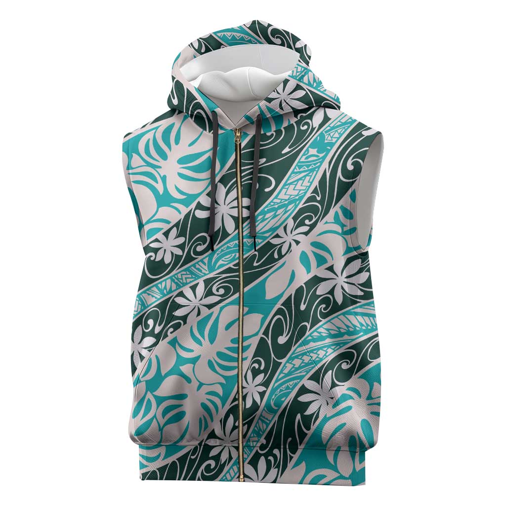 Cyan Tahiti Tiare Monstera Sleeveless Zip Hoodie Polynesian Pattern Curve Style - Polynesian Pride