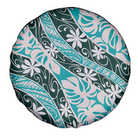Cyan Tahiti Tiare Monstera Spare Tire Cover Polynesian Pattern Curve Style - Polynesian Pride