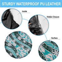 Cyan Tahiti Tiare Monstera Spare Tire Cover Polynesian Pattern Curve Style - Polynesian Pride