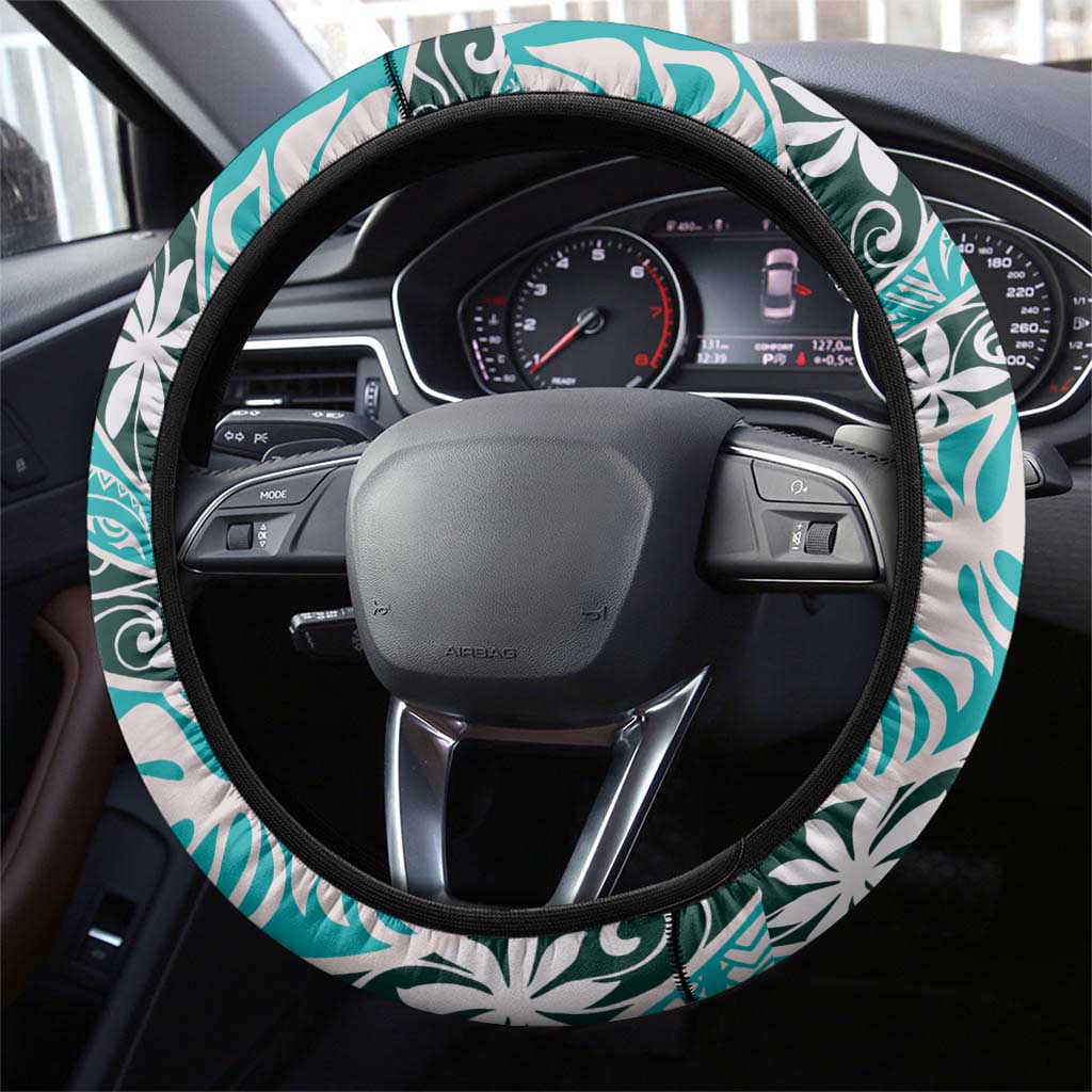Cyan Tahiti Tiare Monstera Steering Wheel Cover Polynesian Pattern Curve Style - Polynesian Pride